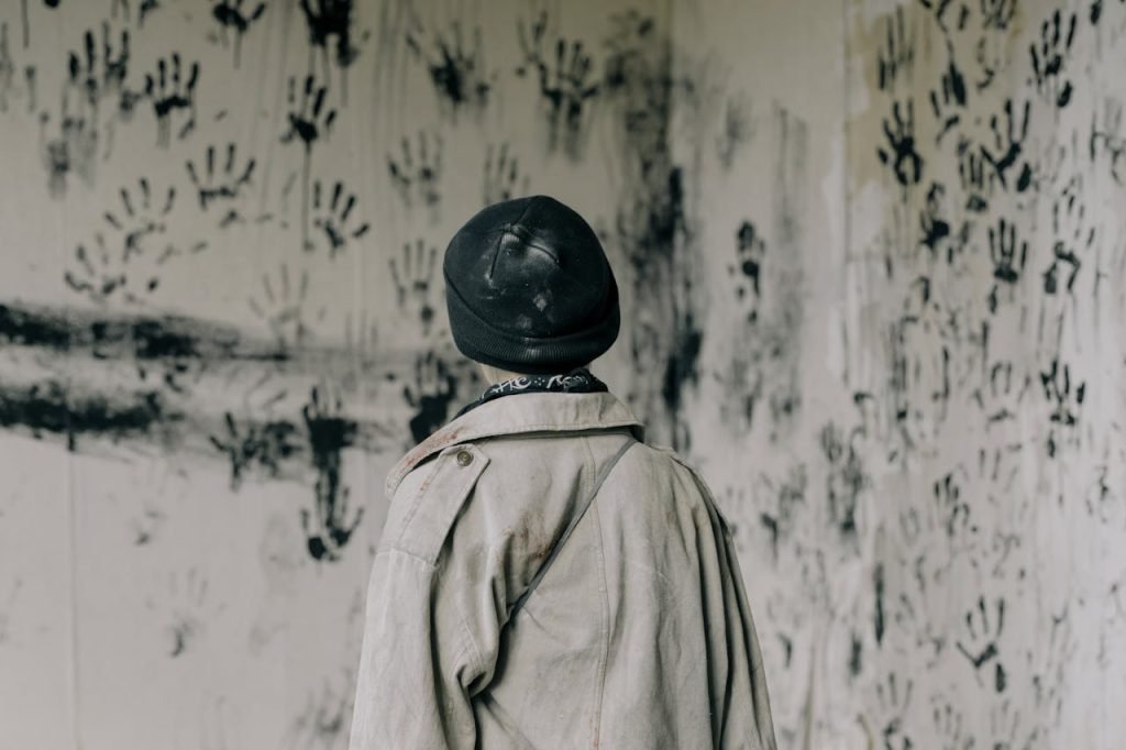 A person stands in a haunting room filled with black handprints, evoking a sense of mystery and fear.